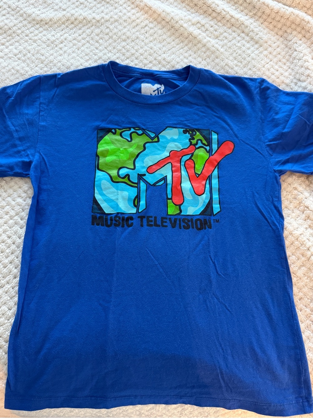 MTV Blue Tee with Multicolor Globe Logo